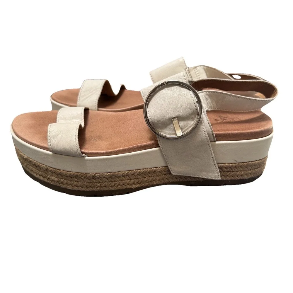 UGG April Espadrille Cream Leather Open Toe Platform Buckle Sandal Shoe 10.5